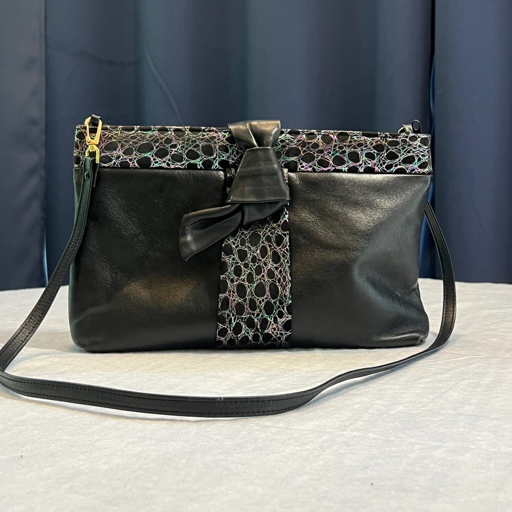 Vintage Ginger Black Leather Crossbody Bag 80s Glam Holographic Bow Detail